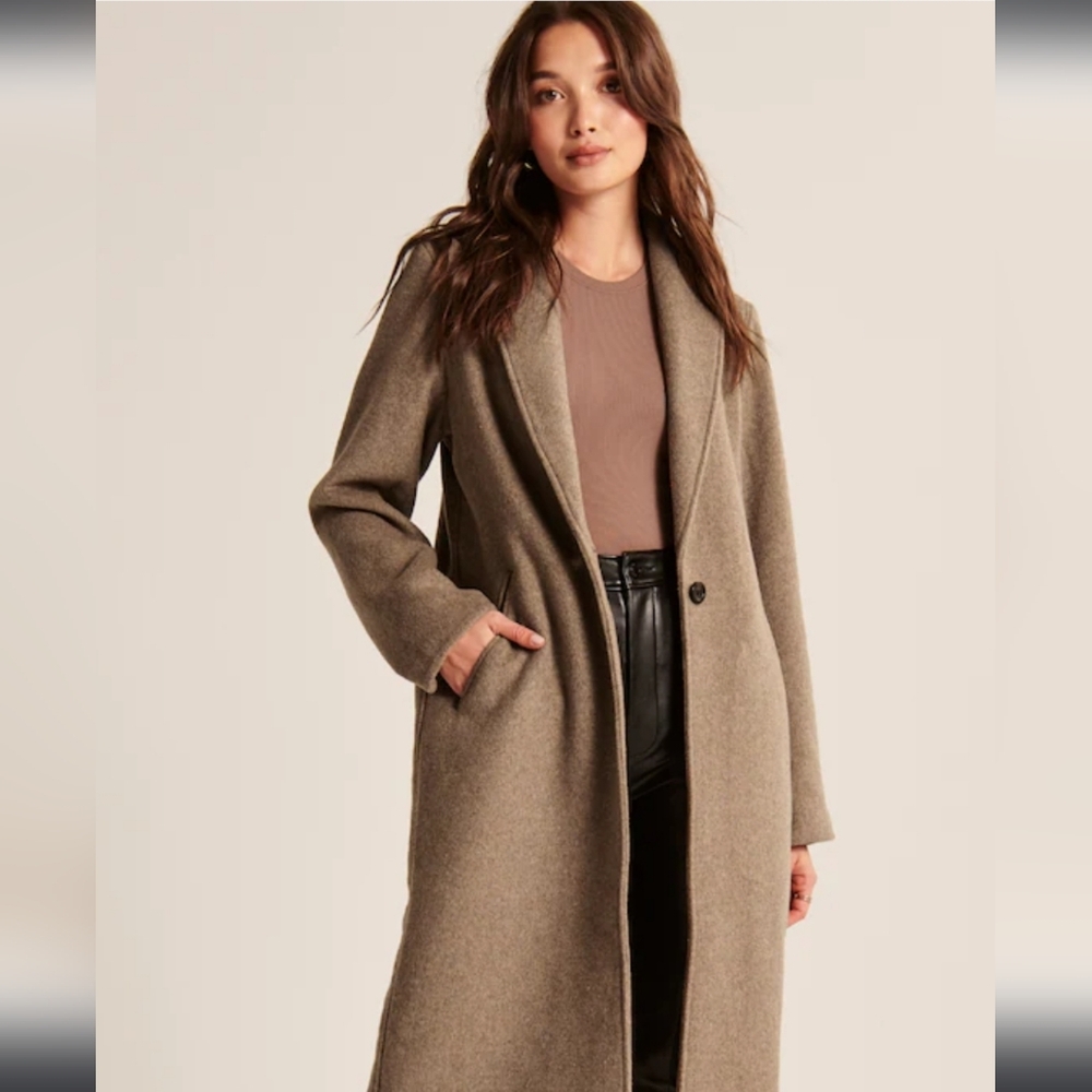 Abercrombie & Fitch Oatmeal Wool Belted Long Coat